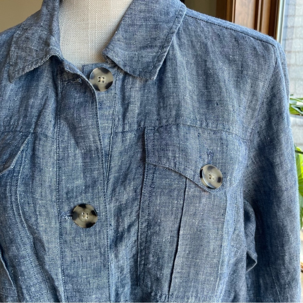 J. Jill Love Linen Casual Blue Tie Waist 100% Linen Utility Chore Jacket - Picture 15 of 15